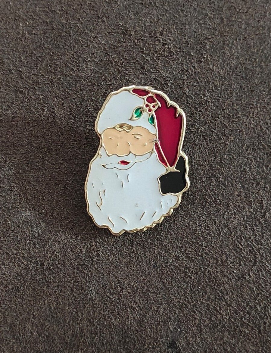 1980s Santa Claus Face Gold Tone Enamel Brooch