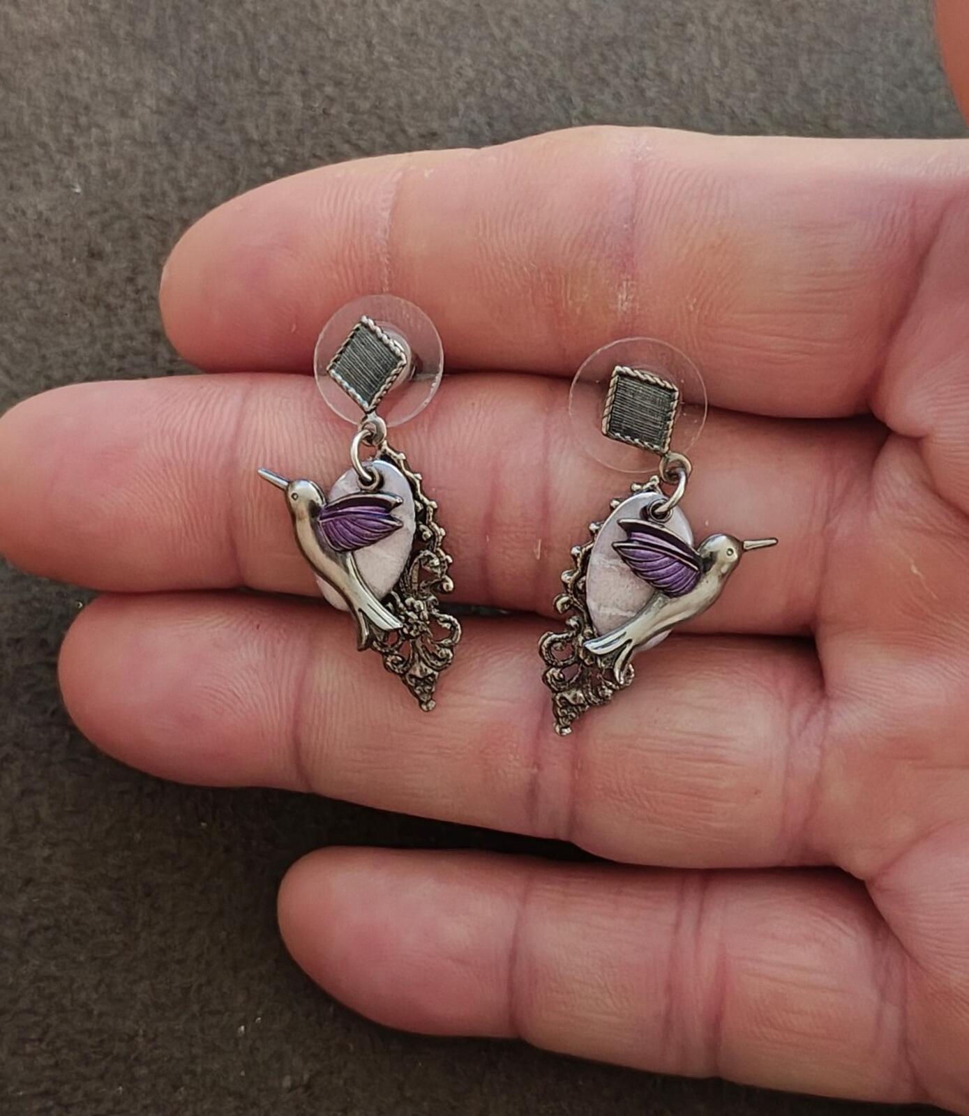 Silver Forest Silver Tone Hummingbird Purple Enamel Filigree Dangle Earrings