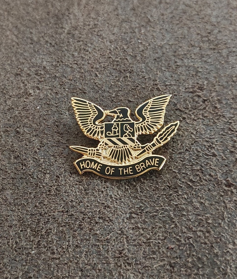 80s Patriotic Bald Eagle Heraldic Shield Home of the Brave Gold Tone Enamel Pin