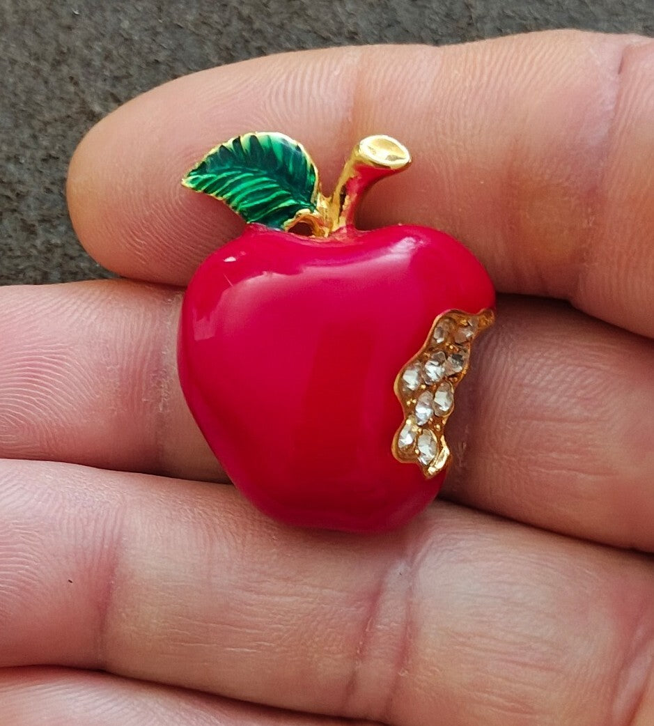 1990s Gold Tone Red & Green Enamel & Rhinestone Bitten Apple Brooch Pin