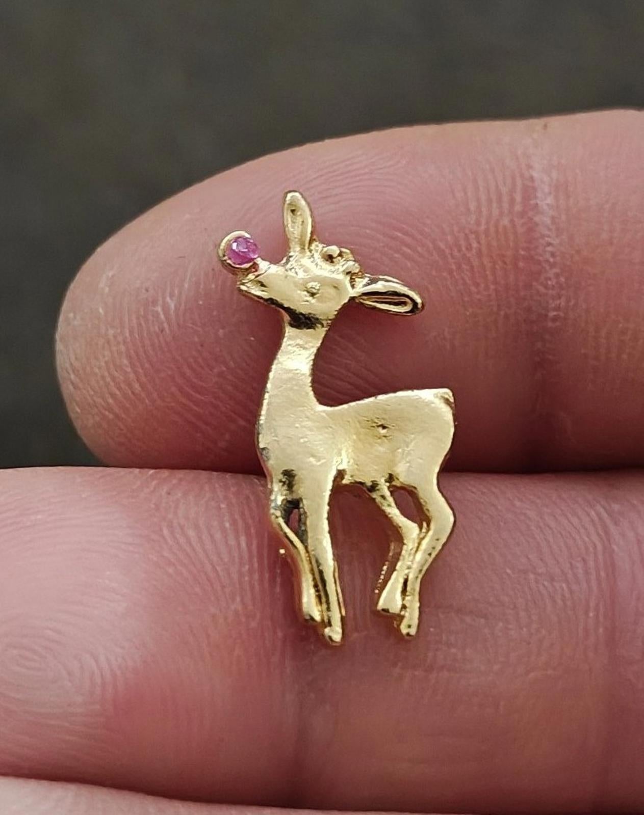 80s Rudolph Red Nosed Reindeer Harriet Carter Genuine Ruby 24k GEP Pin