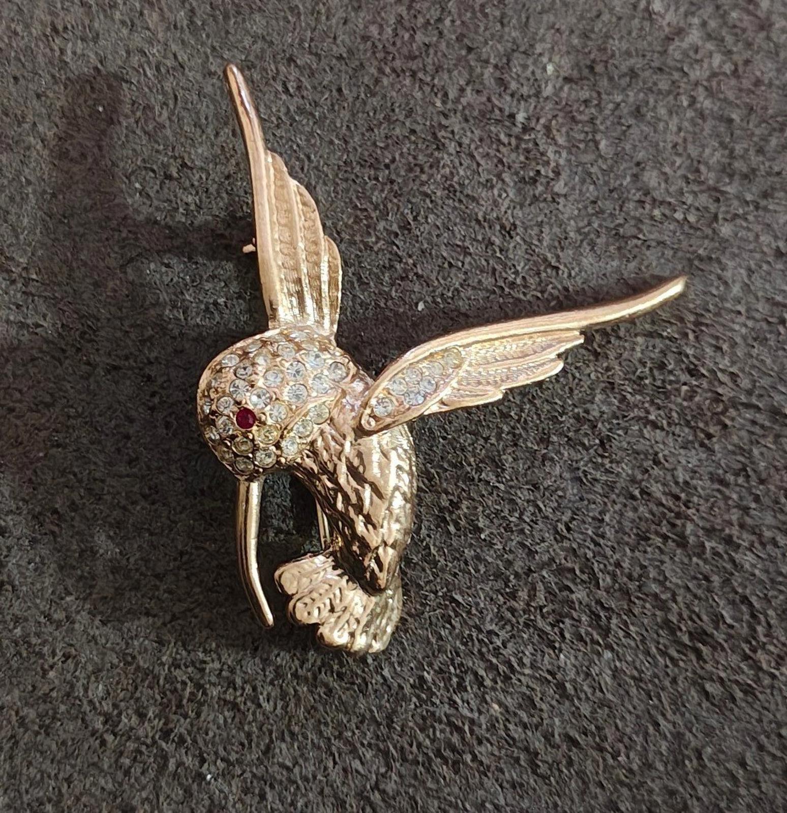 80's Gold Tone Hummingbird With Clear and Red Rhinestones