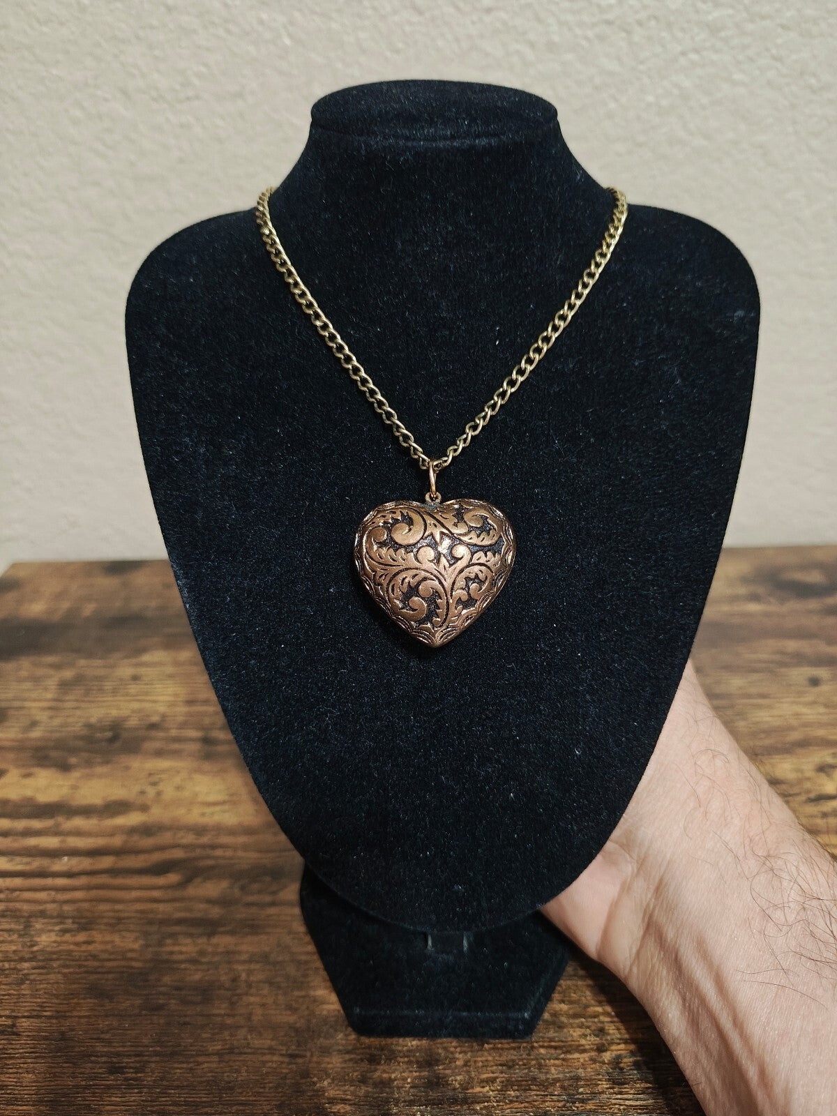 Vintage Style Ornate Puffy Heart Antique Brass Tone Pendant Necklace