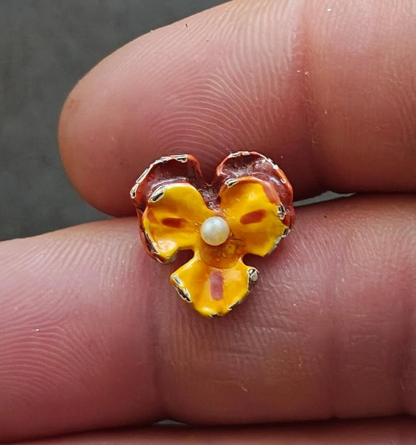 1990s Vintage Orange And Maroon Enamel Small Pansy Brooch With Faux Pearl