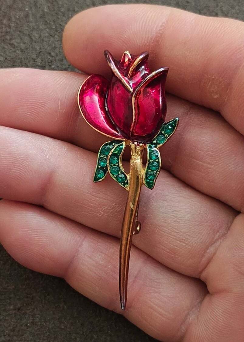 1980s Gold Tone Red Rose Brooch With Green Rhinestones Brooch Pin