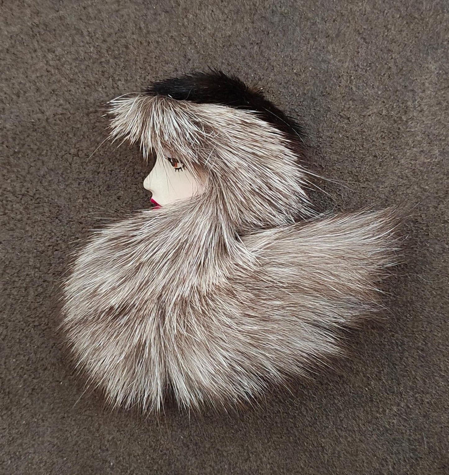 1980's Han Shin Fur Co Ltd Porcelain & Real Fur Brooch