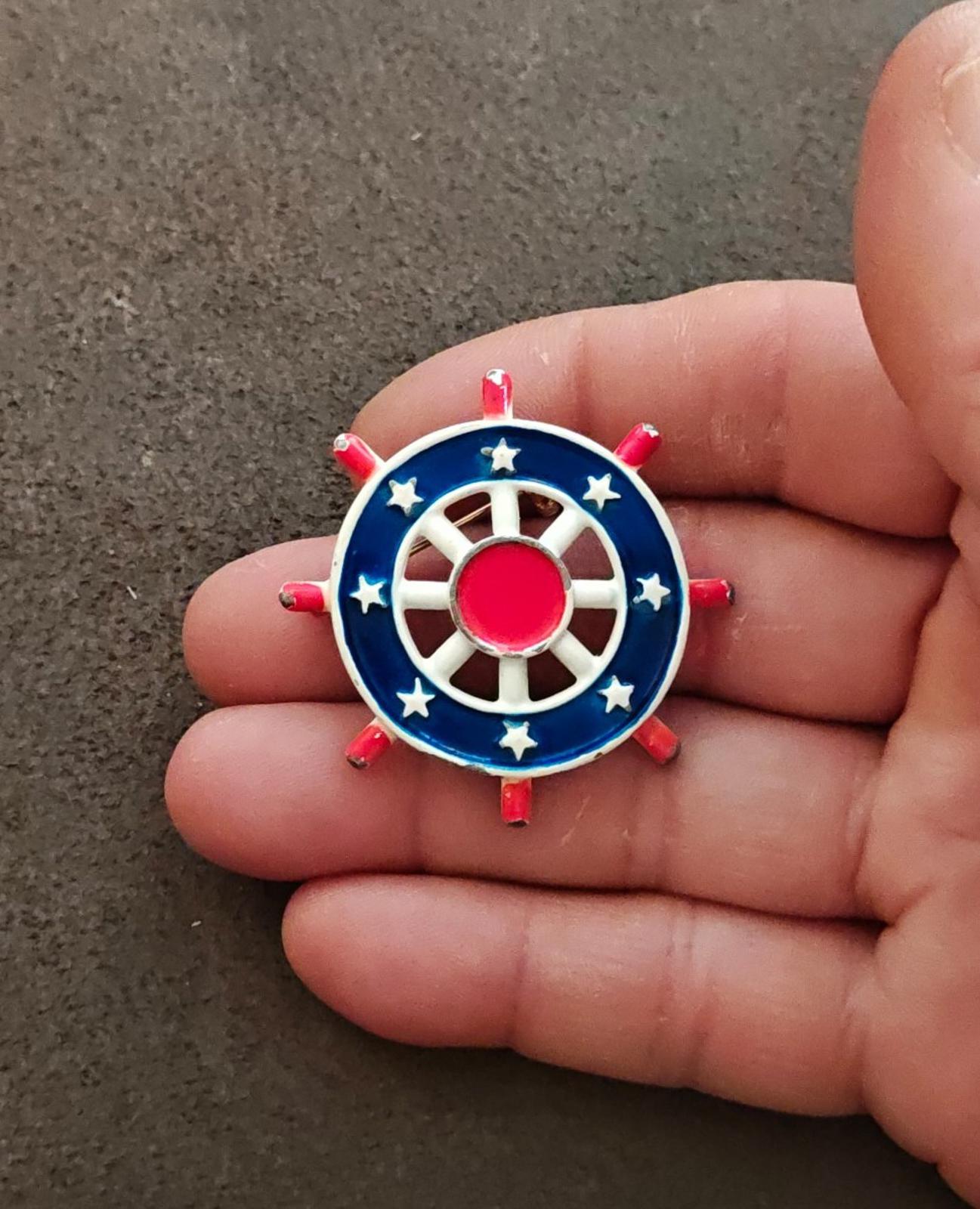 1950s R.N.K. Nautical Red, White and Blue Ship's Wheel Metal Enamel Brooch