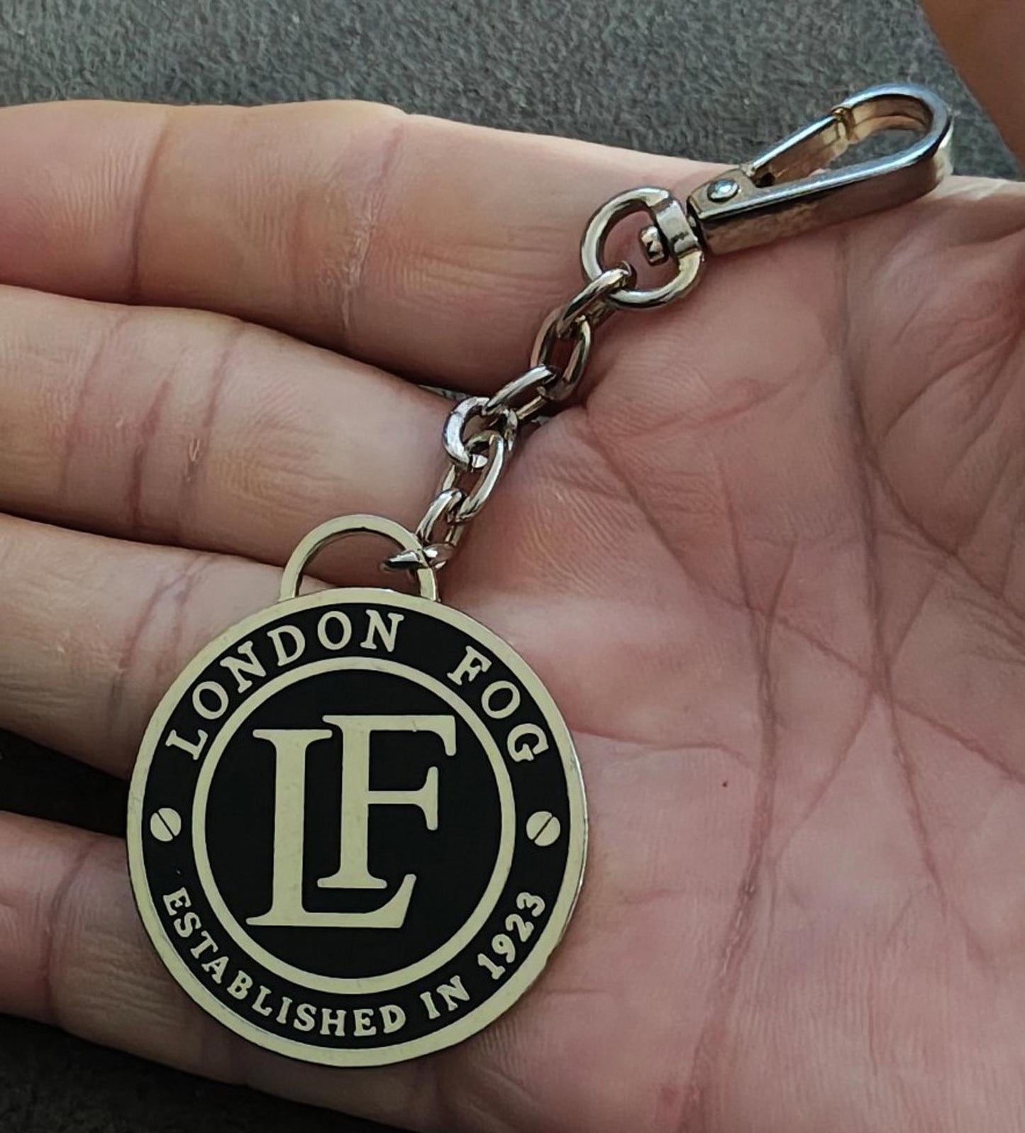 London Fog Logo Gold Tone Black Enamel Keychain/Bag Charm/Fob