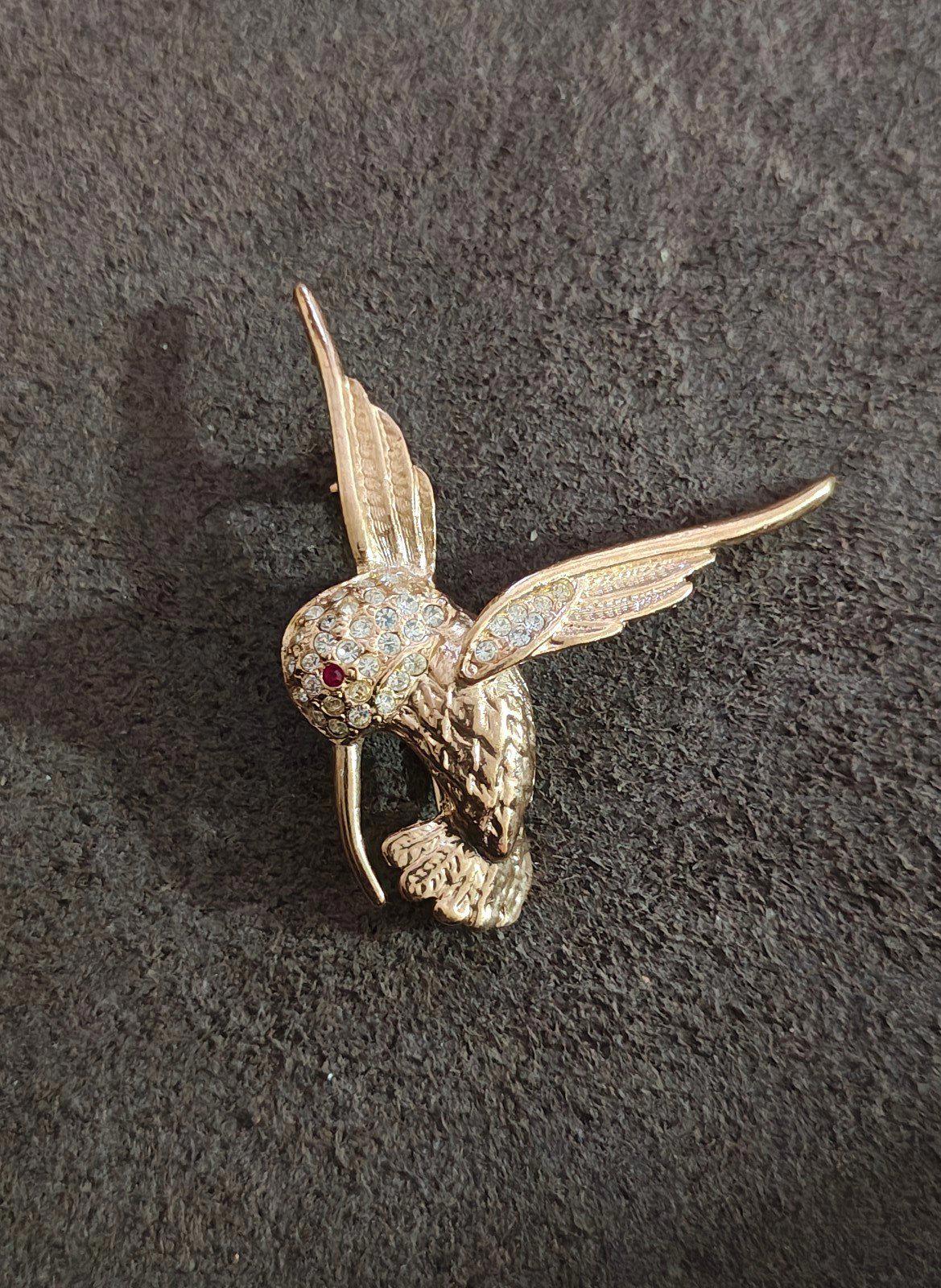 80's Gold Tone Hummingbird With Clear and Red Rhinestones