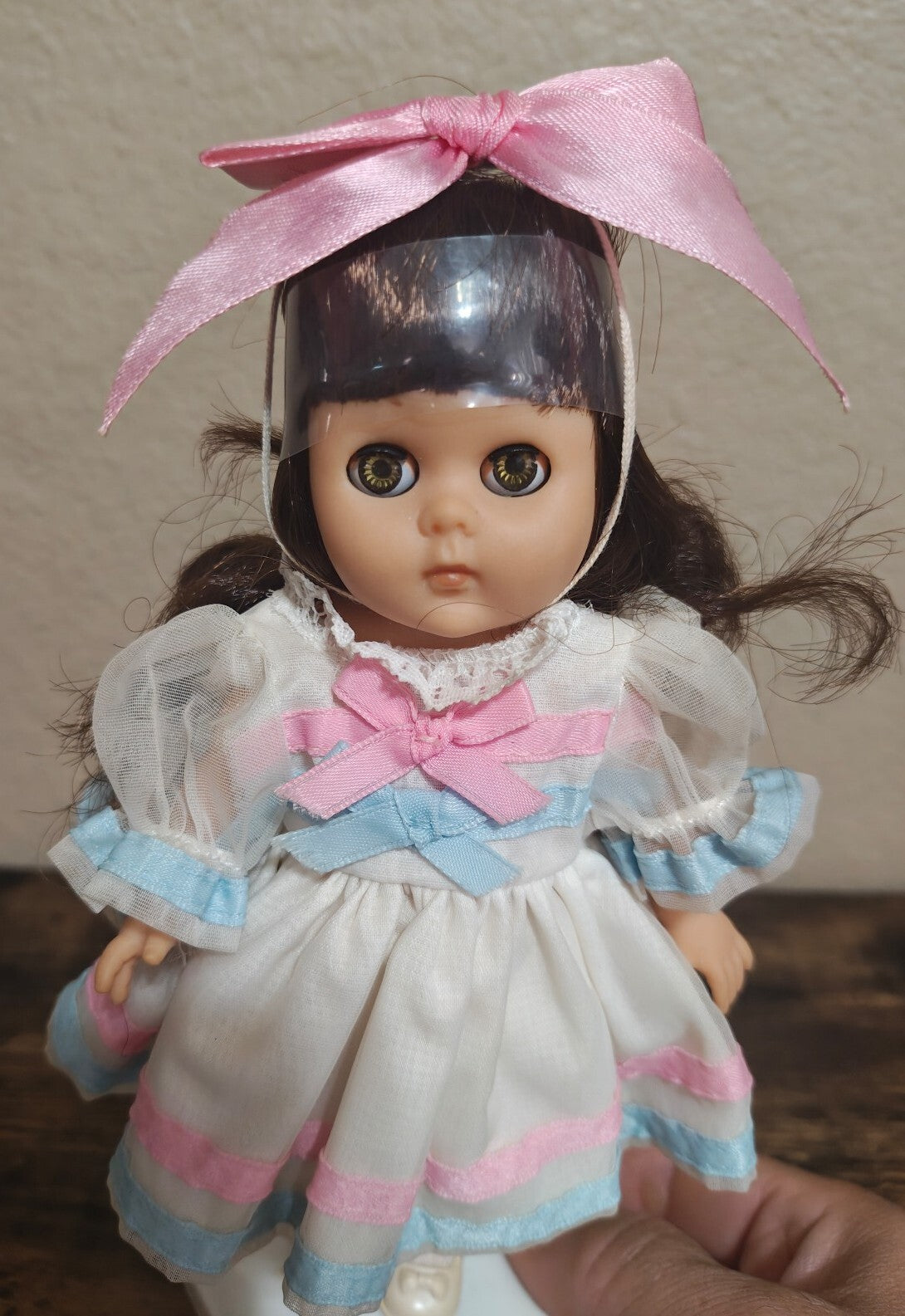 1980s Vogue Ginny Sleepy Eyes Doll in White, Pink & Blue Party Dress
