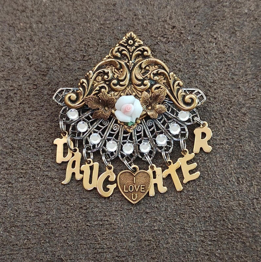 1980s Handcrafted "Daughter" Family Sentiment Gold Tone Dangle Brooch.