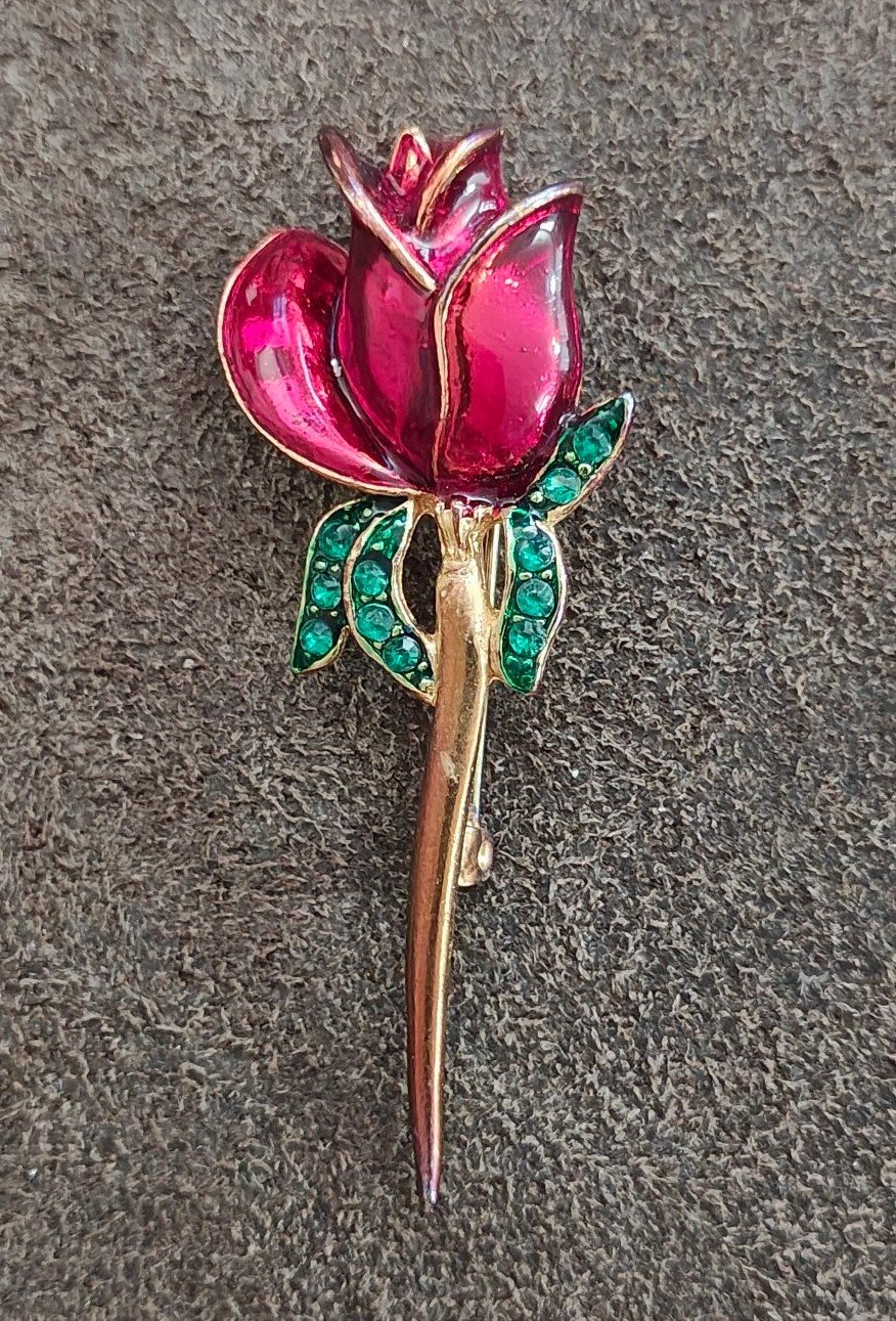 1980s Gold Tone Red Rose Brooch With Green Rhinestones Brooch Pin