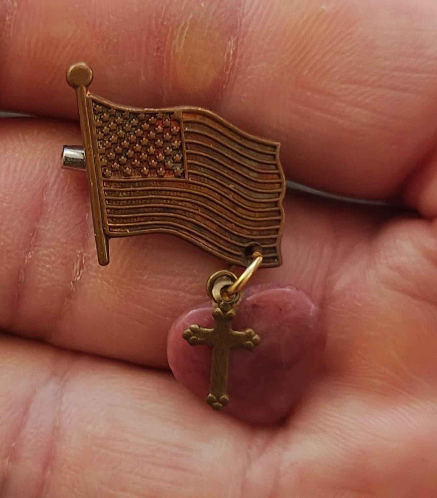 80s Gold Tone Patriotic & Religious American Flag With Heart Cross Charm Brooch