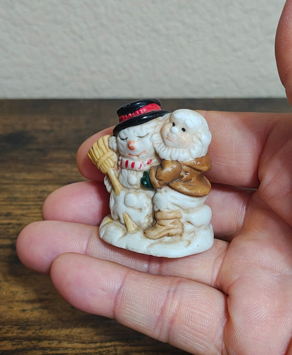 1993 Mercuries Miniature Snowman Hugging a Christmas Elf Or Gnome Ceramic Figure