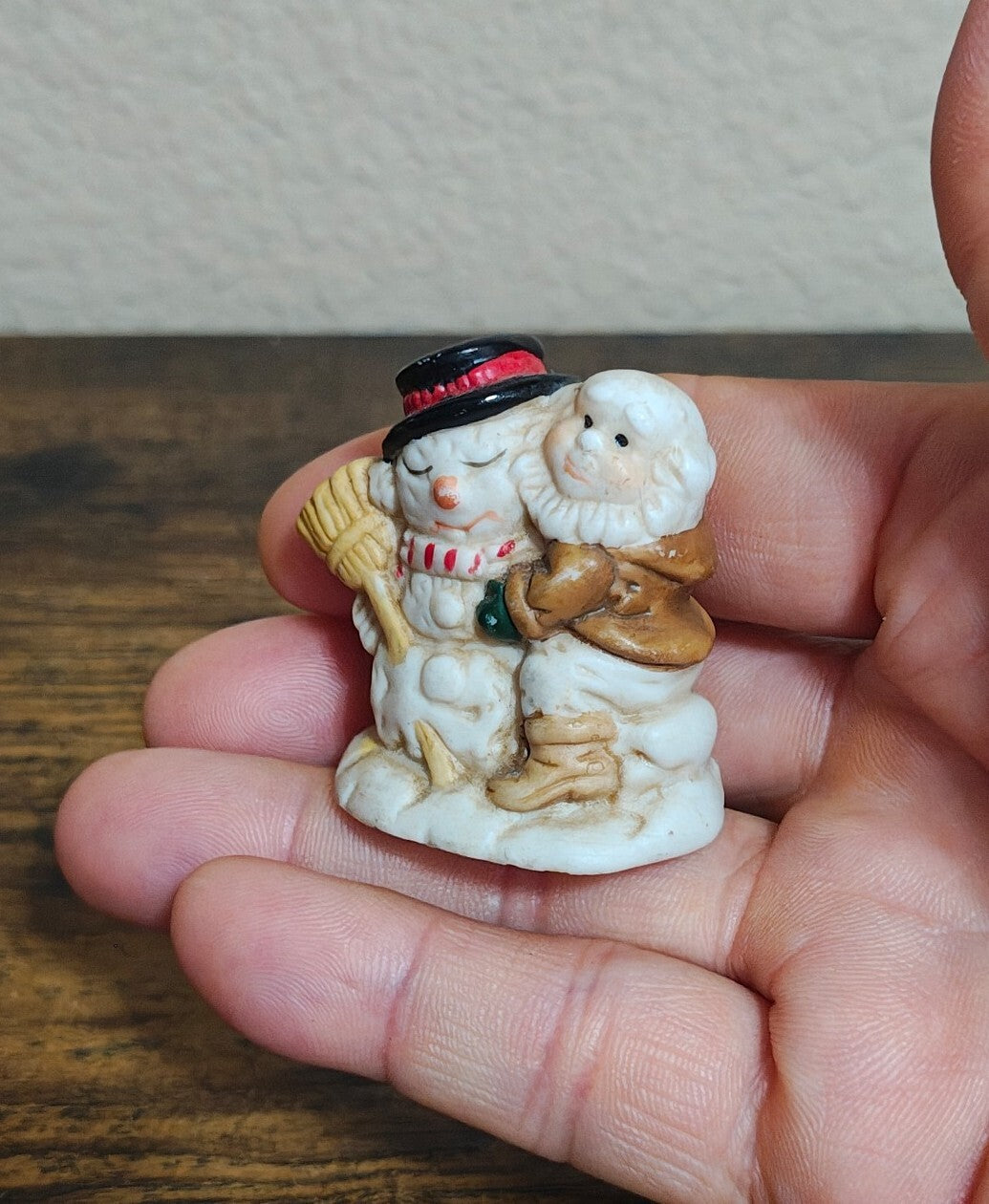 1993 Mercuries Miniature Snowman Hugging a Christmas Elf Or Gnome Ceramic Figure