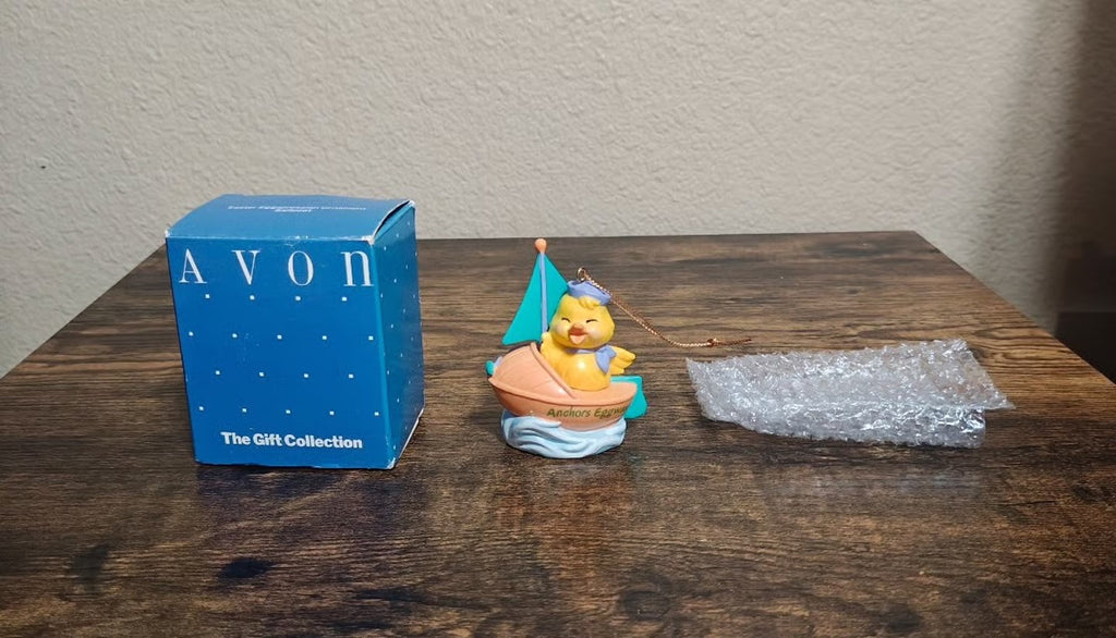 Avon Gift Collection easter ornament set with sailboat chick ornament and blue gift box