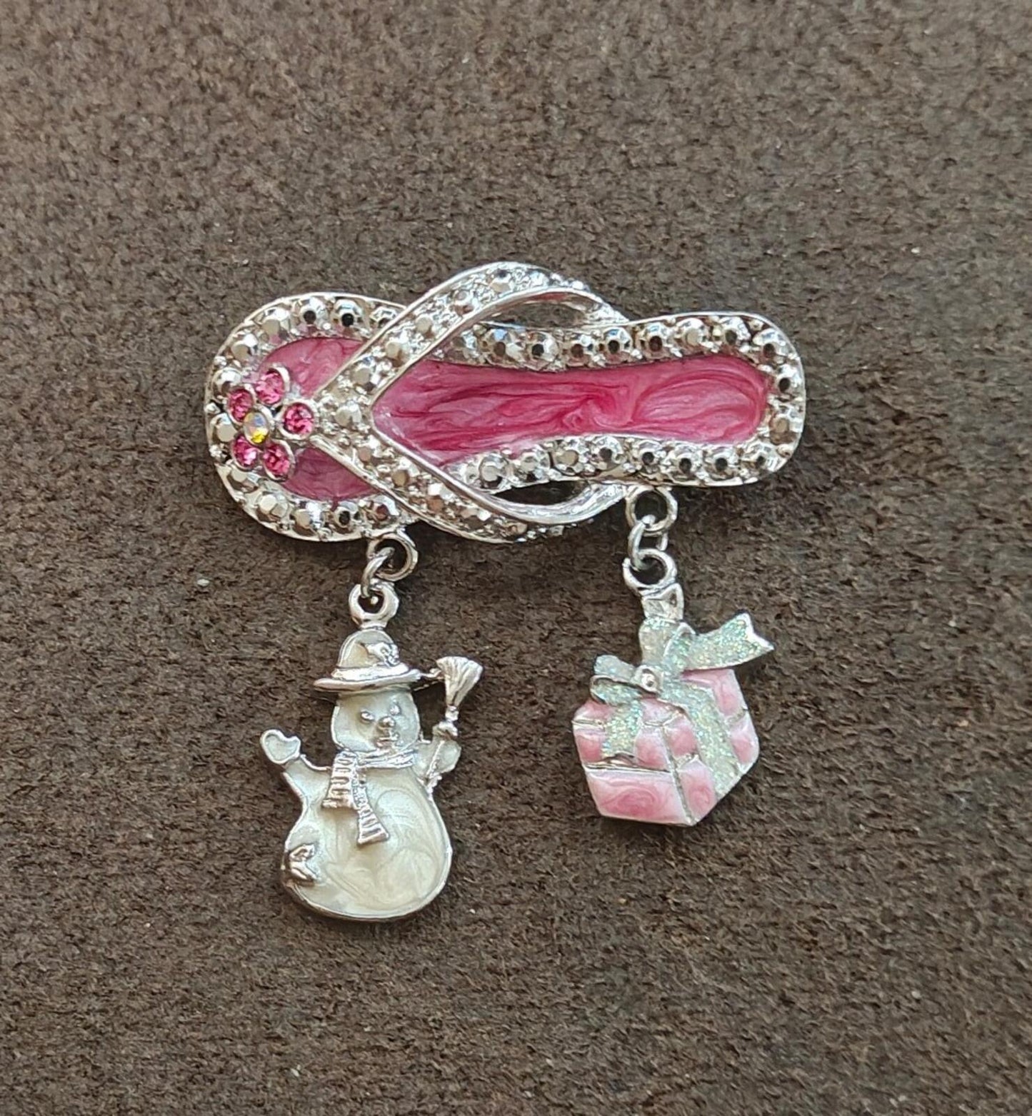 90s Silver Tone Flip Flop With Dangling Charms Enamel & Rhinestones  Brooch