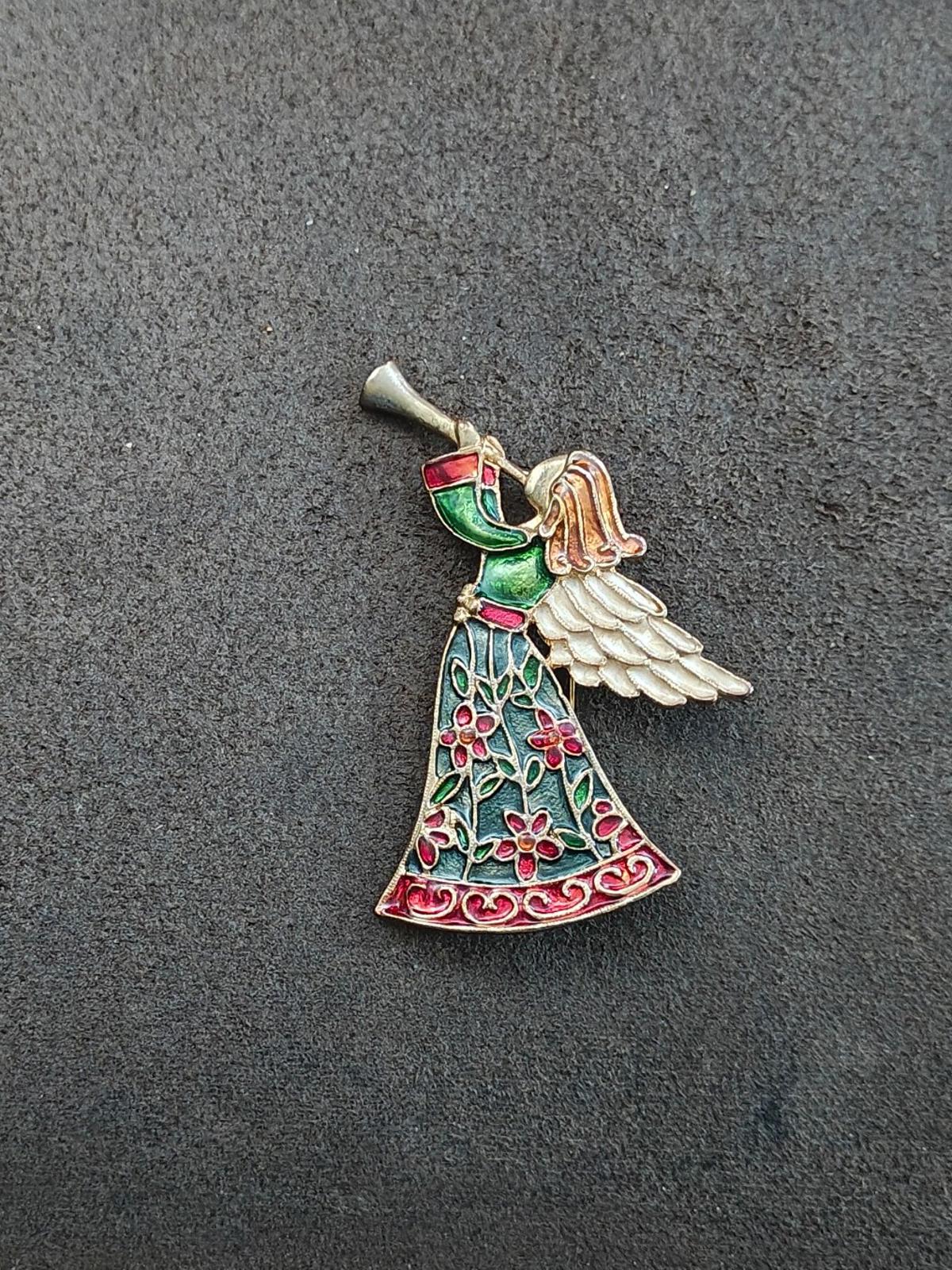 1980s Tanya's Creations Angel Blowing a Horn Gold Tone Enamel Brooch Pin