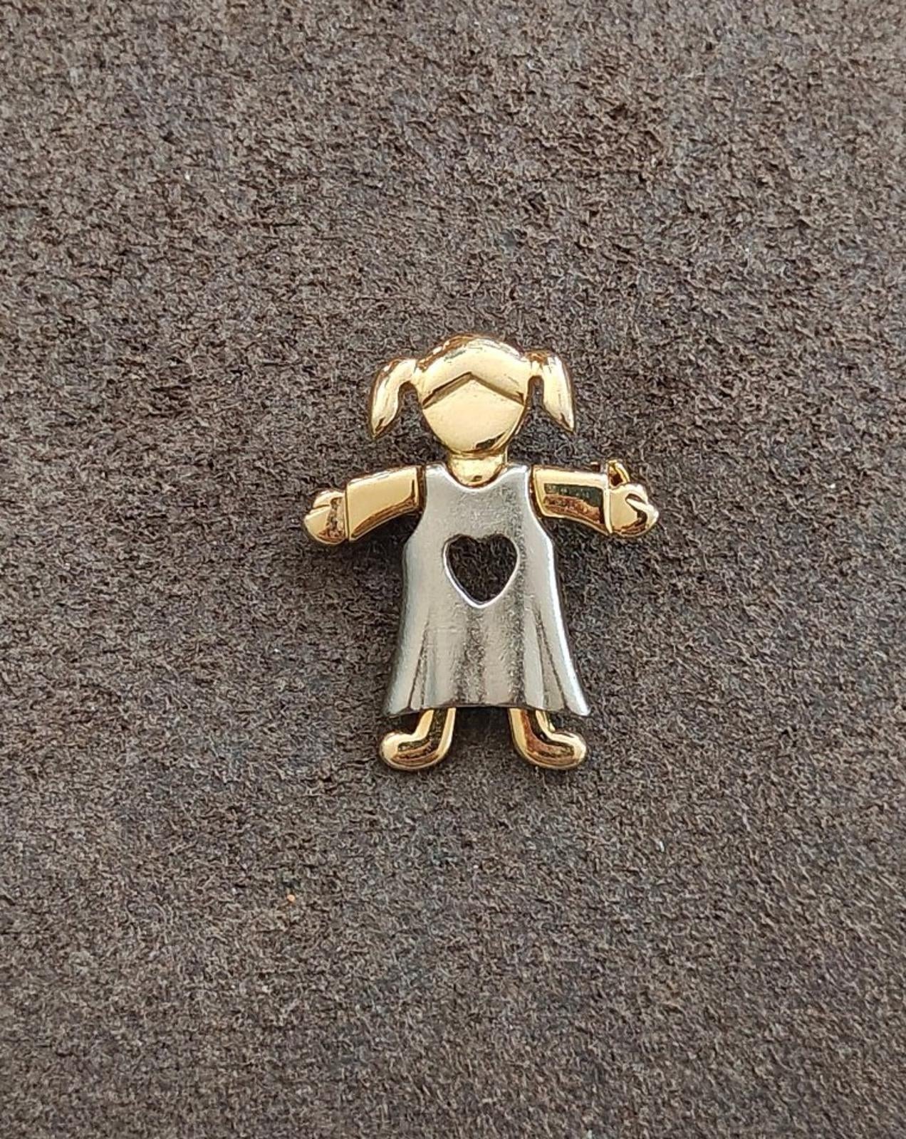 1990s Two Tone Little Girl With Pigtails In Dress With Heart Shaped Cutout Brooch