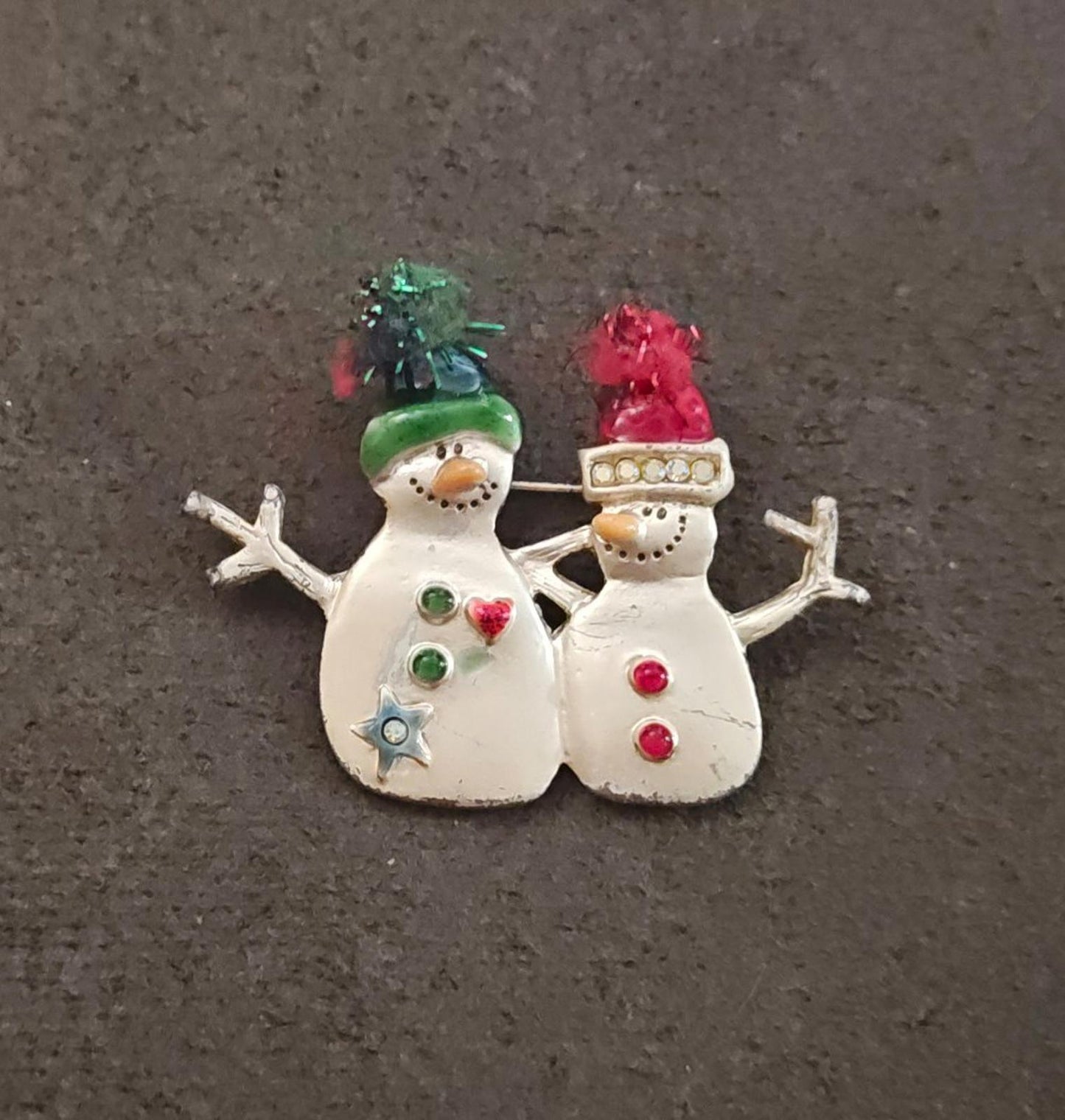 1980s Silver Tone With iridescent Rhinestones Two Snowman Enamel Brooch