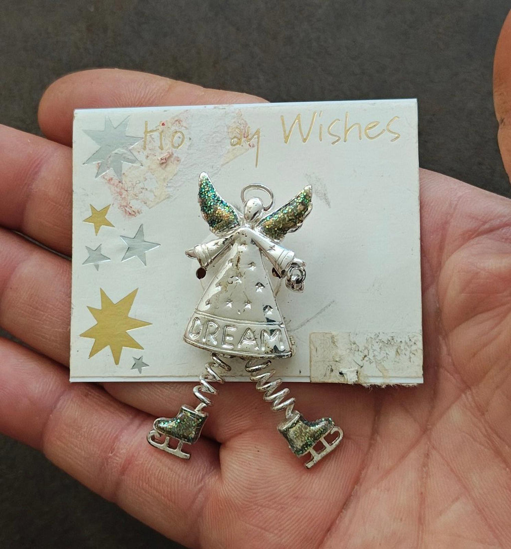 1990s Silver Tone With Glitter Accents "Dream" Angel Brooch