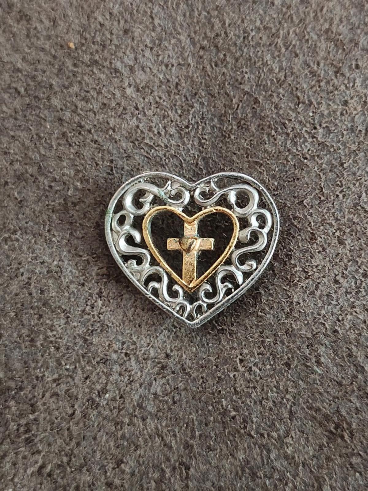 Two Tone Filigree Heart Cross Pin