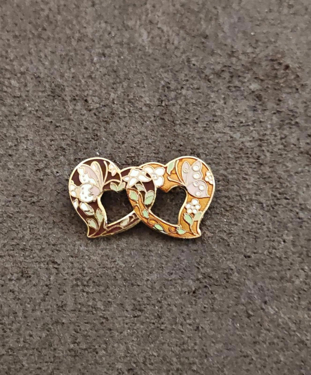 Gold-tone butterfly heart brooch pin with cloisonne-style multicolor enamel