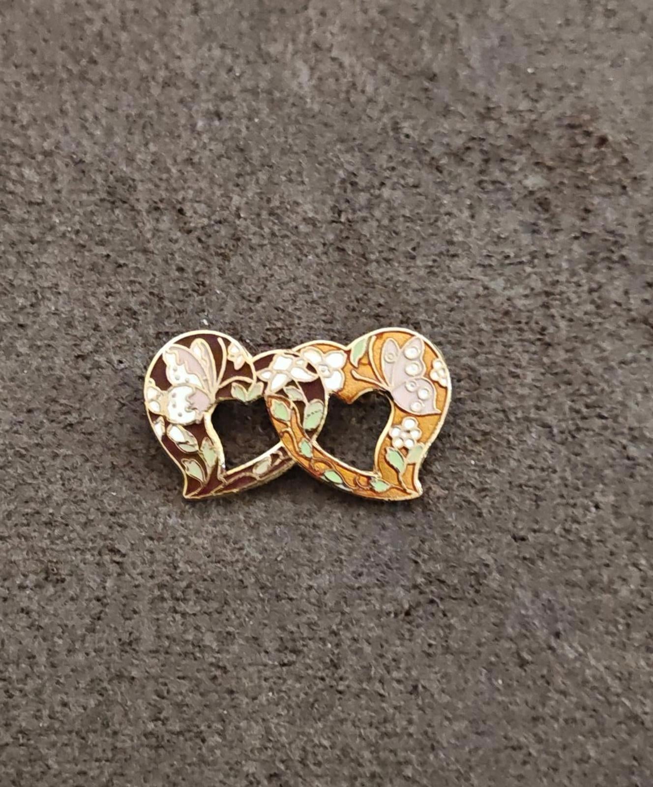 1980s Vintage Two Hearts With Butterflies Gold Tone Brooch Pin