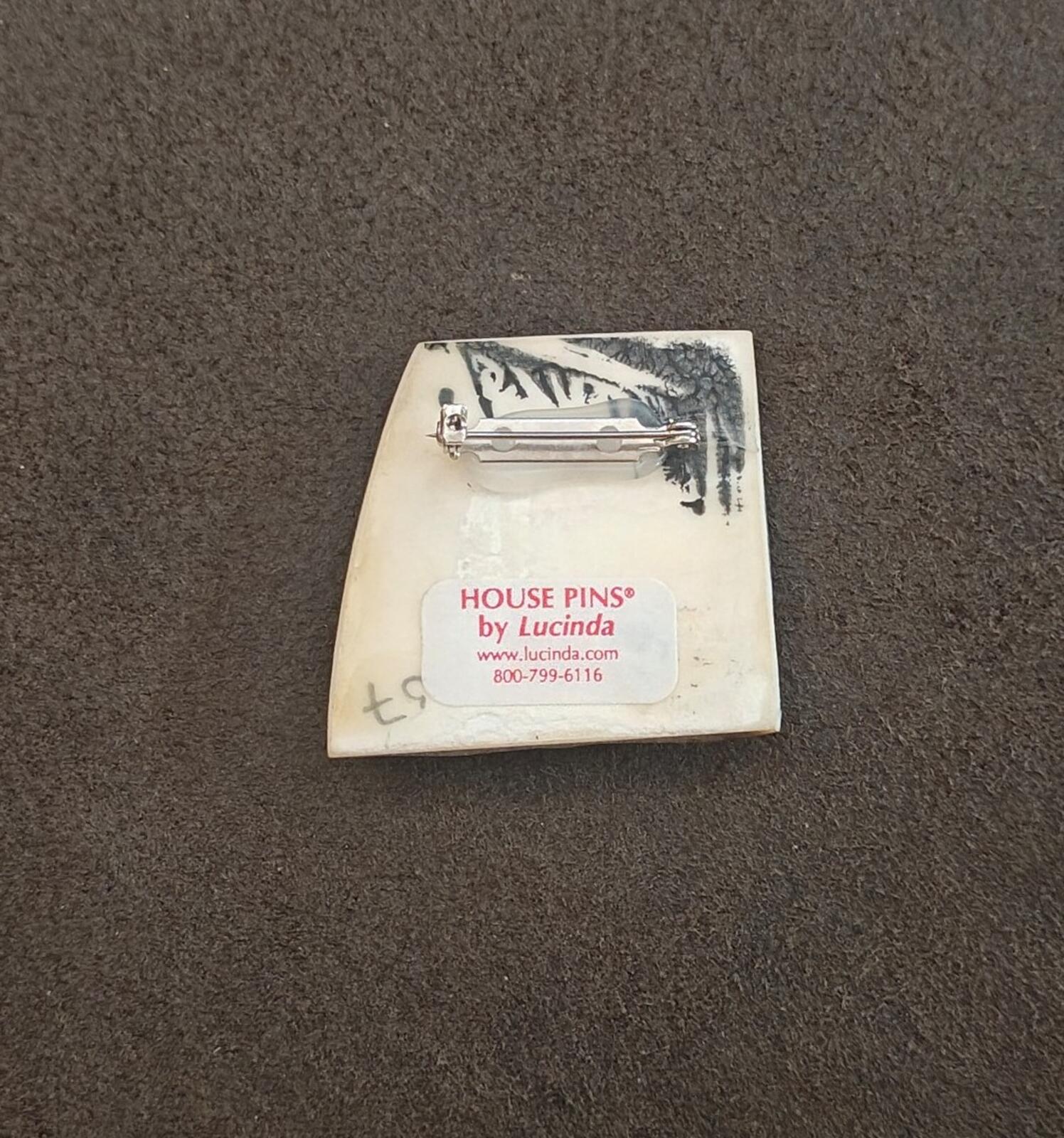 Backer card for House Pins by Lucinda, red label with lucinda.com and 800-799-1616