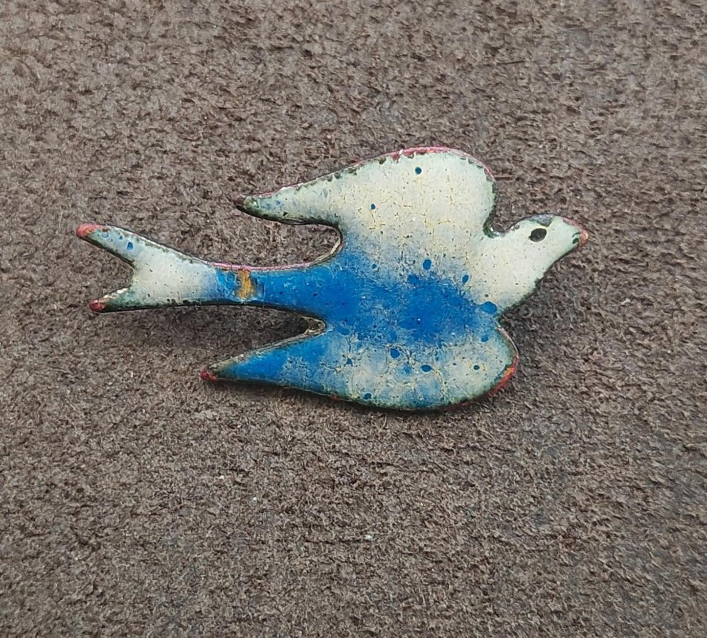 1970s Blue and White Enamel on Copper Decorative Bird Brooch