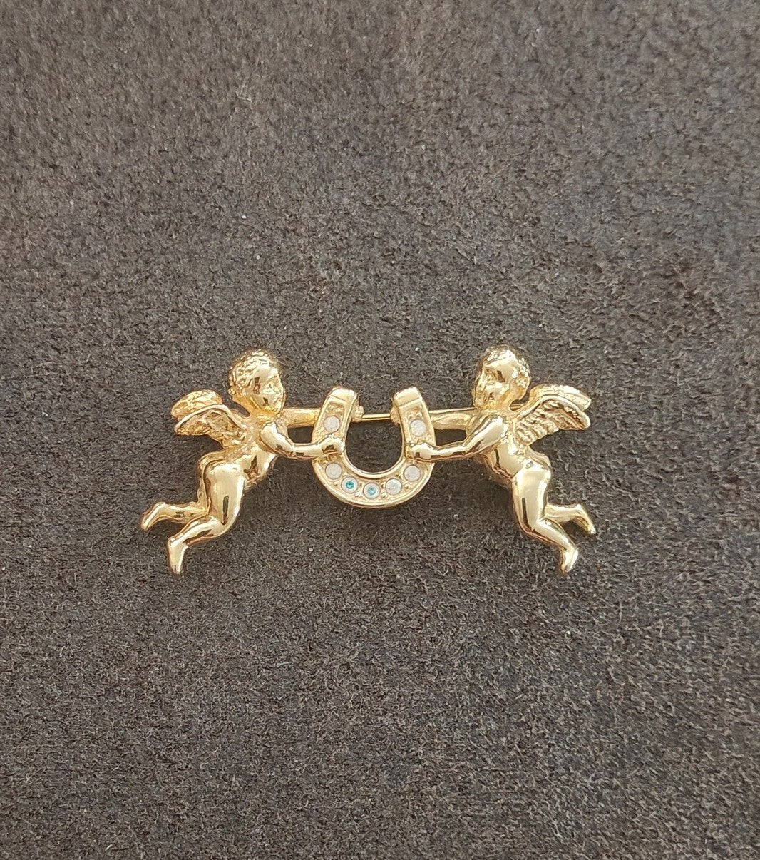 1980s Unsigned Kirks Folly Gold Tone Cherub & Lucky Horseshoe Brooch Pin