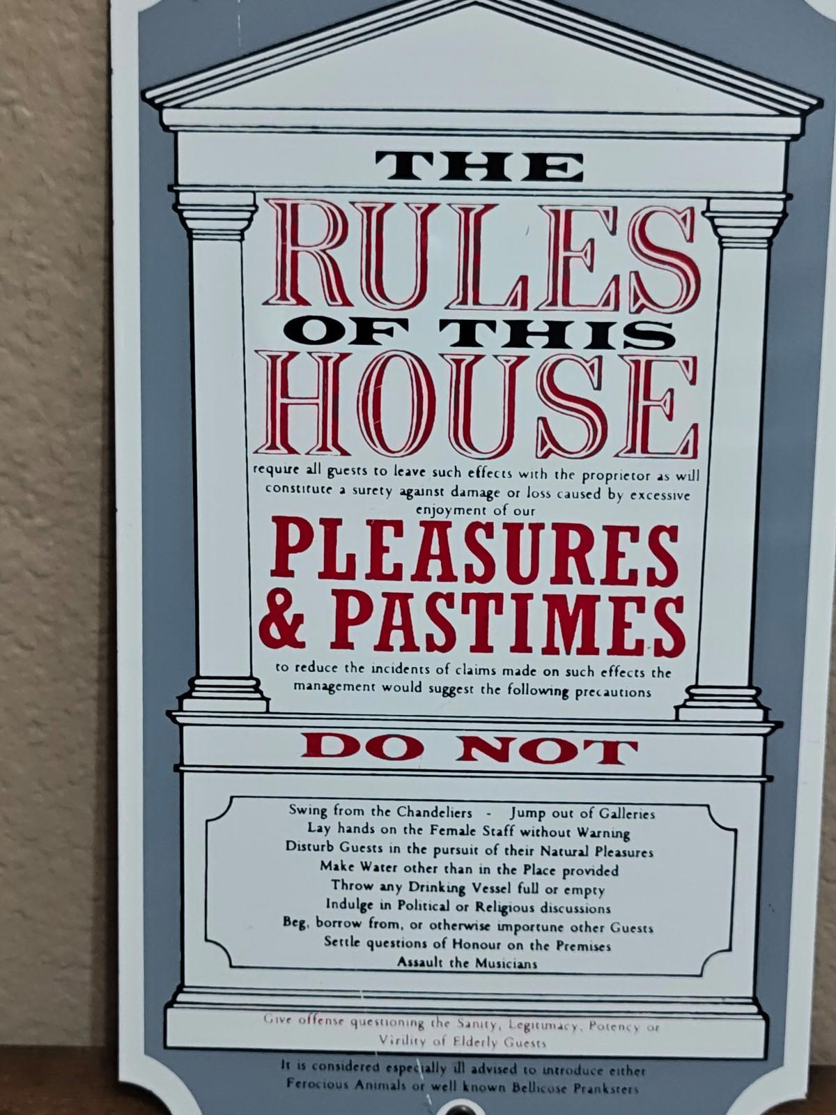 1991 Ande Rooney "The Rules of This House" Porcelain Enamel Metal Sign