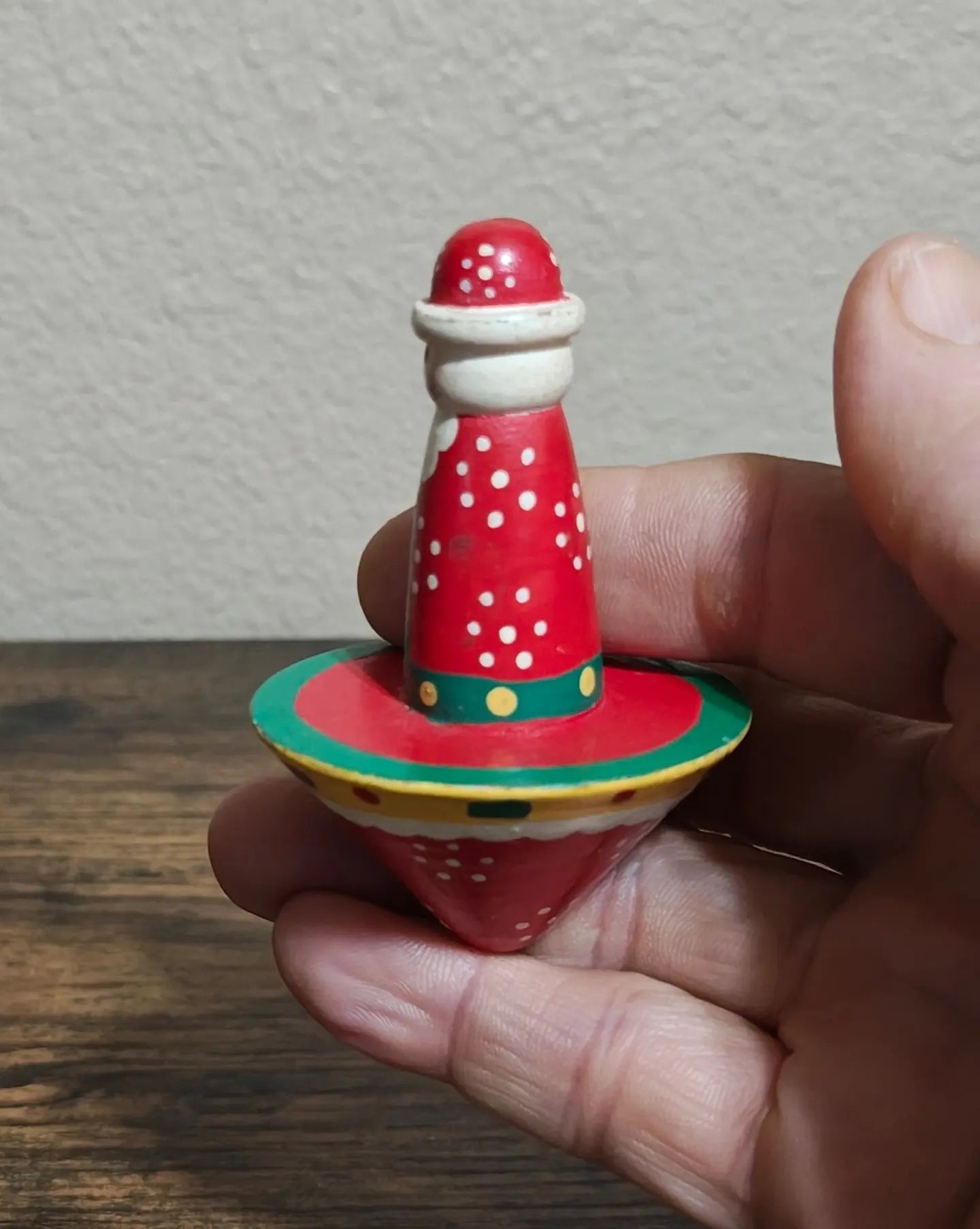 1970s Vintage Folk Art Hand Painted Santa Wooden Spinning Top Toy