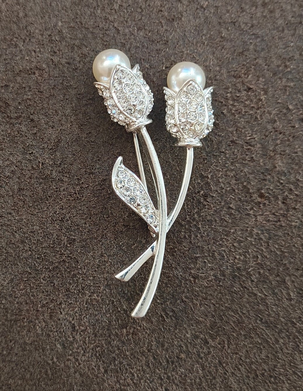 1990s Silver Tone With Sparkling Rhinestones Tulips With Faux Pearls Brooch