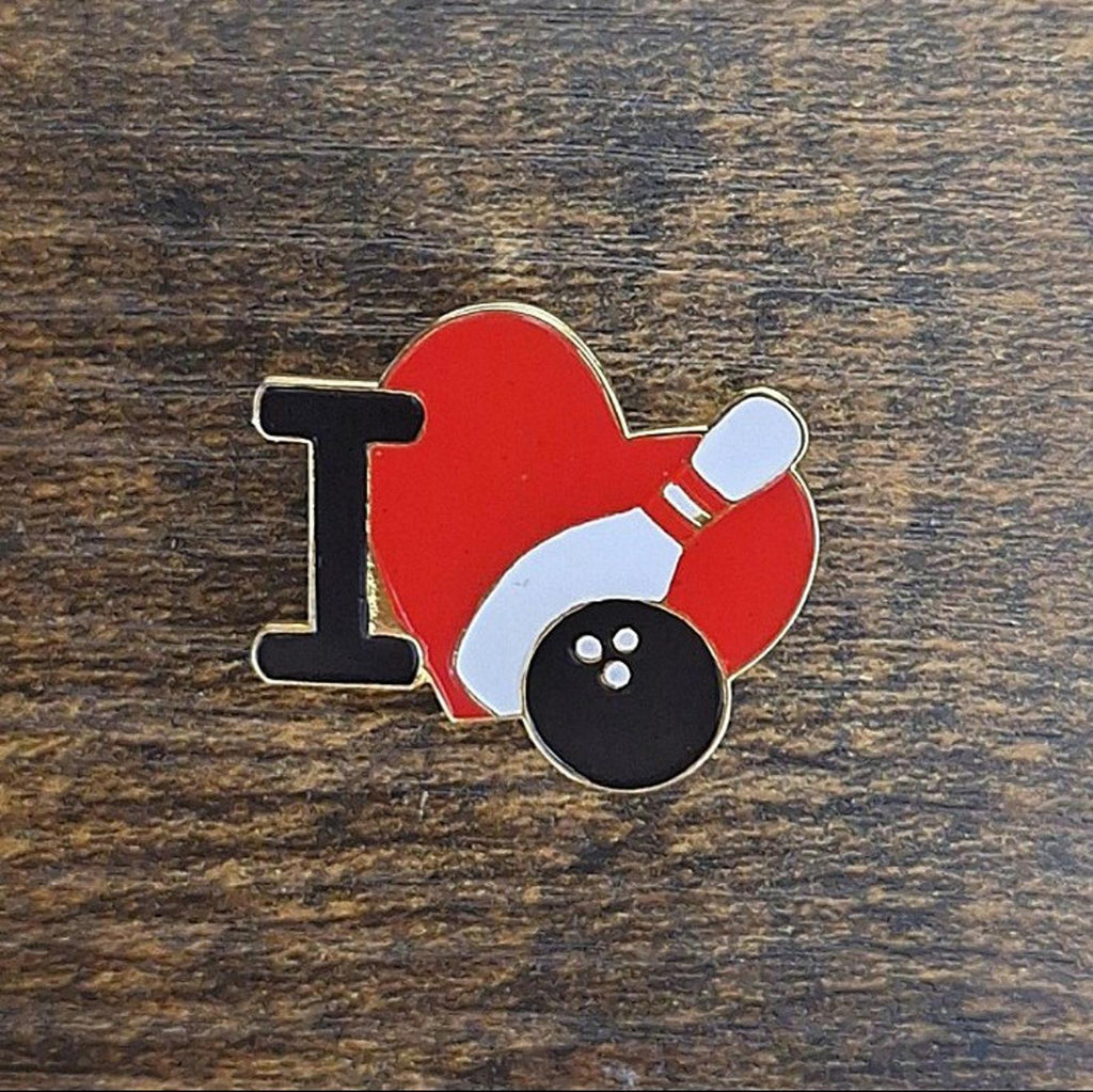 I Love Heart Bowling Gold Tone Enamel Pin.