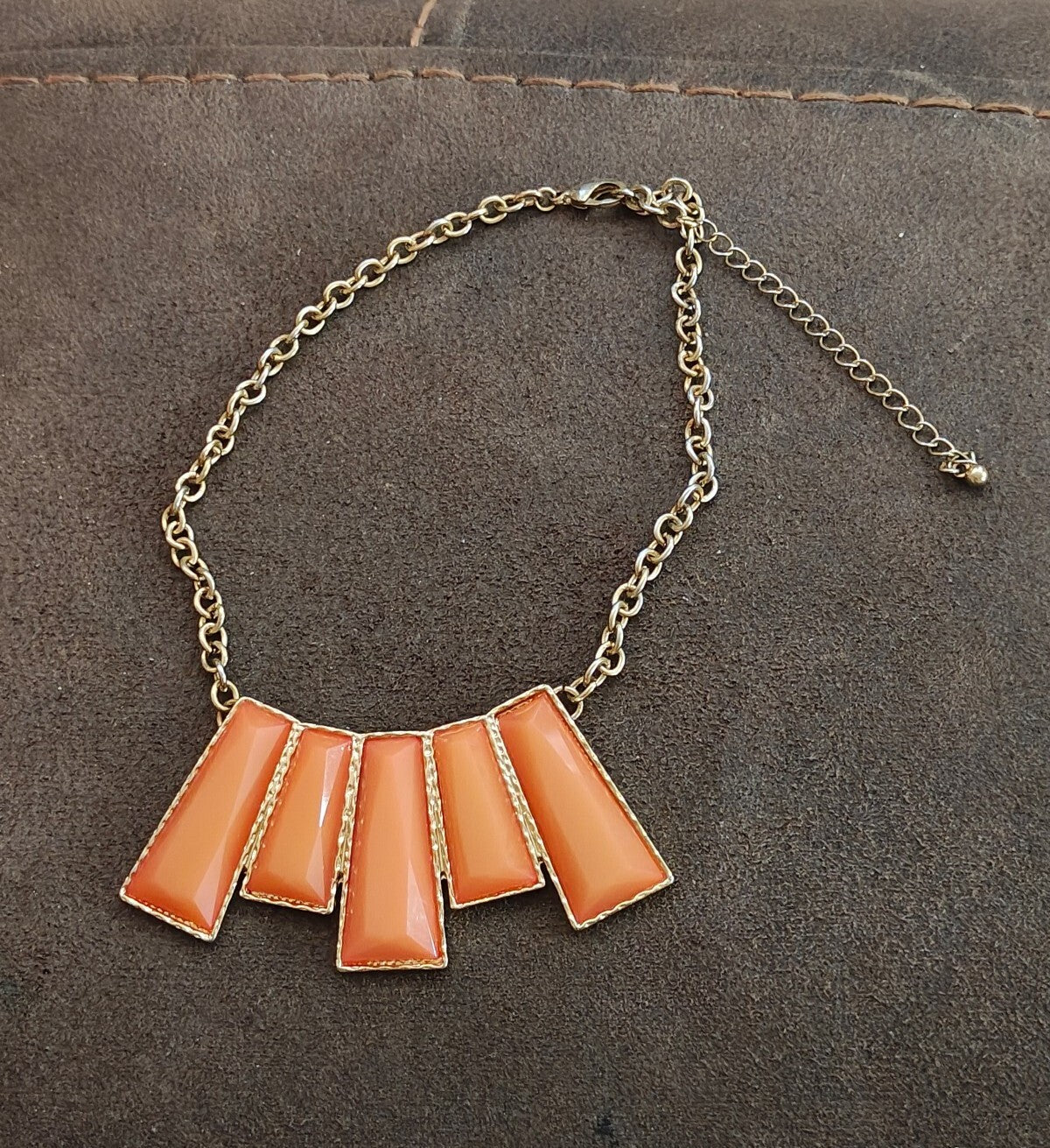 Orange Resin Geometric Bib Statement Necklace.