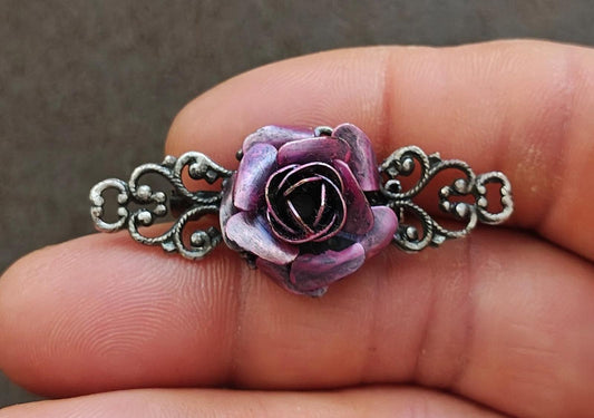 1980s Cottagecore Victorian Silver Tone Purple Rose Brooch