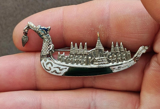 1950's Siam Thai Royal Dragon Sterling Silver Black and White Enamel Brooch