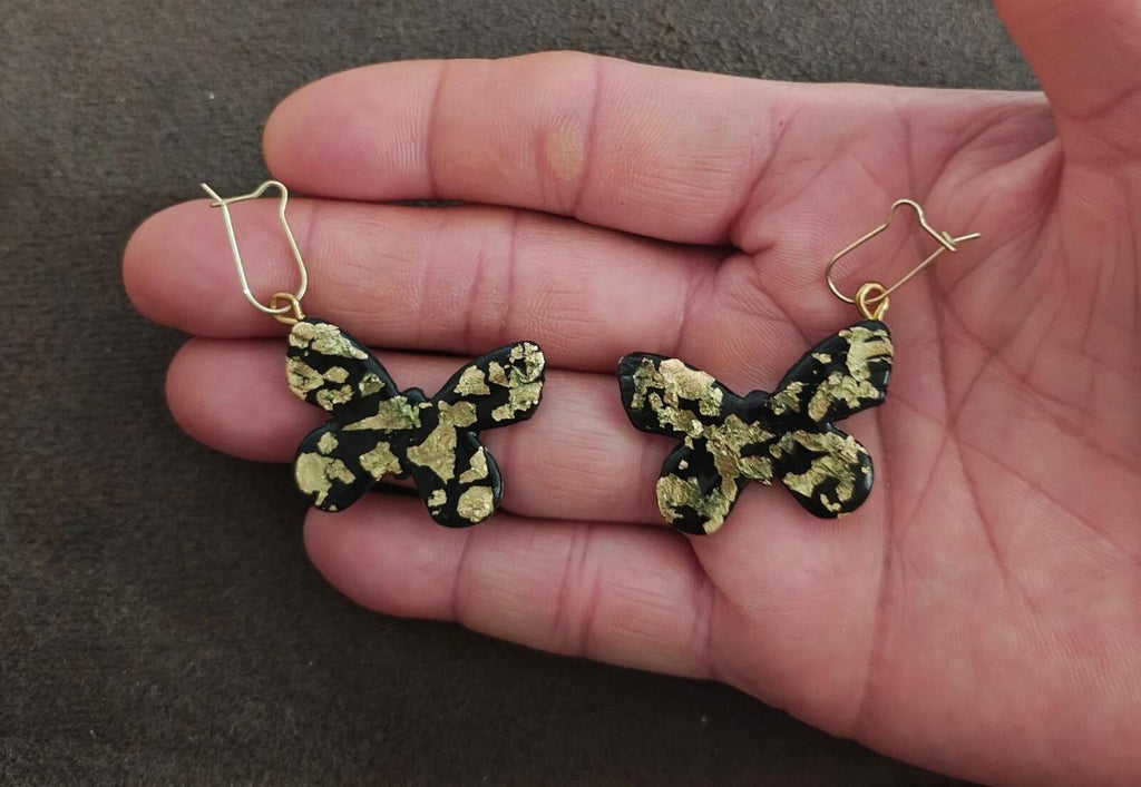 Handmade Black Polymer Clay Butterfly Earrings With Striking Gold Leaf Flakes