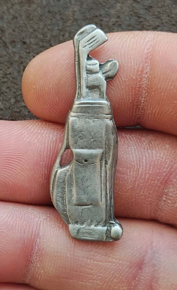 1970s Detailed Pewter Golf Clubs In Bag Brooch Pin