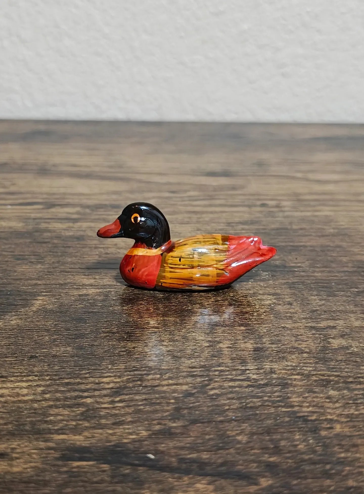 1980s Handmade Hand painted Small Mandarin Duck Wood Figurine