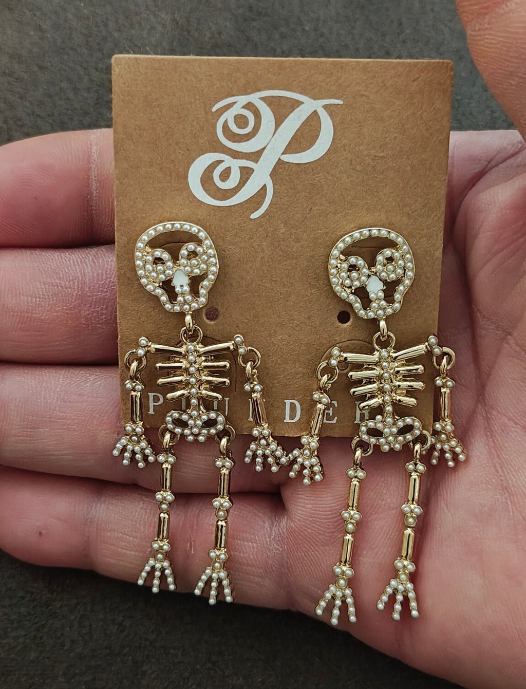 Plunder Design Halloween Pearl Skeleton Statement Gold Tone Earrings