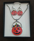 3 Pc Silver Tone Set Of Halloween Orange Jack-o-Lantern Earrings n Necklace