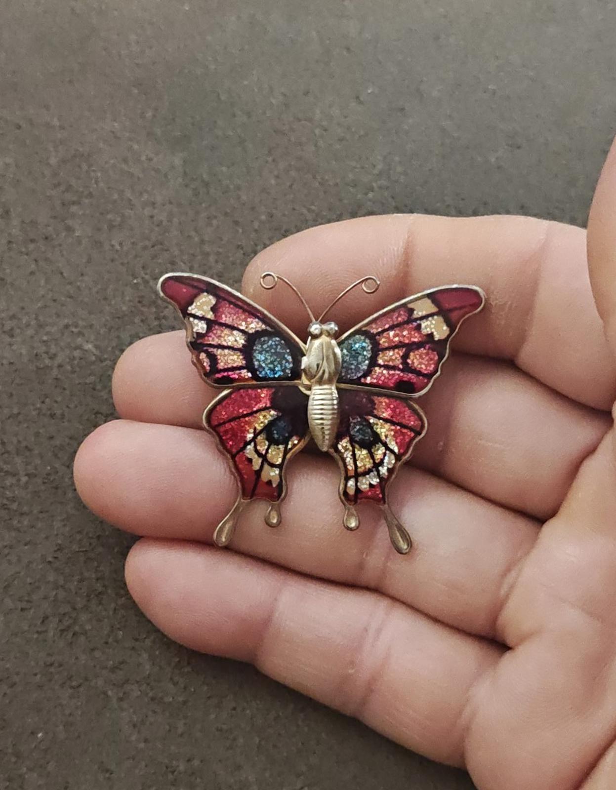 1970s Gold Tone Butterfly With Enamel & Glitter Accents Brooch