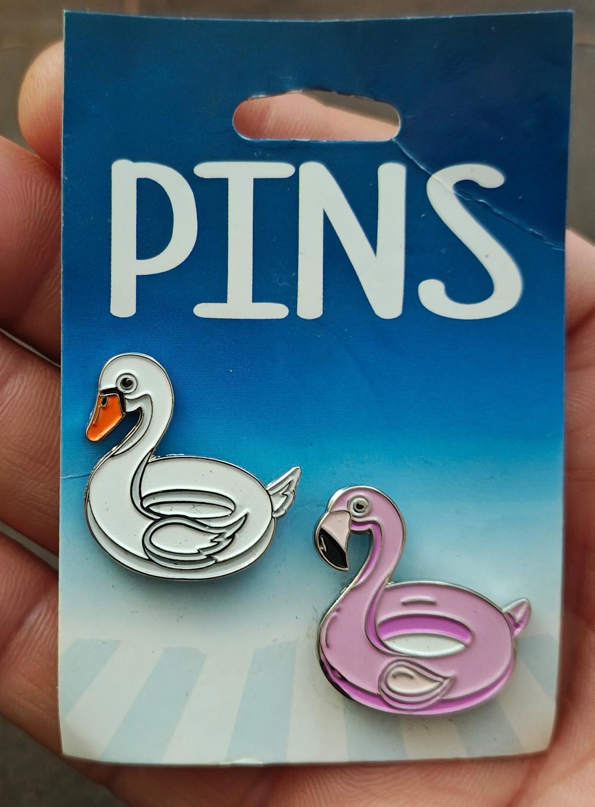Colorful Set Of 1 White Swan Pin and 1 Pink Flamingo Silver Tone Pins New