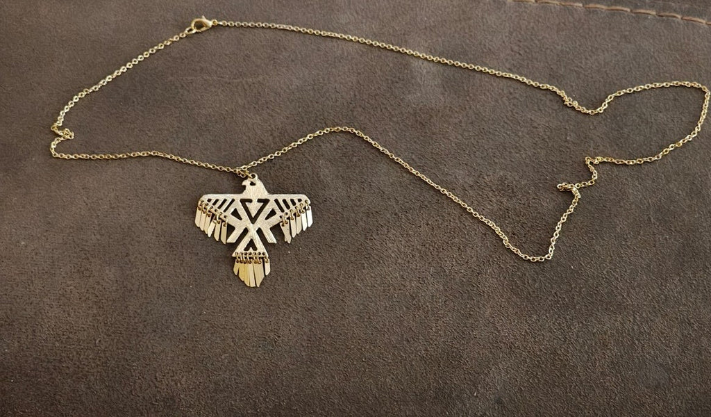 1980s Native American Inspired Geometric Thunderbird Gold Tone Pendant Necklace