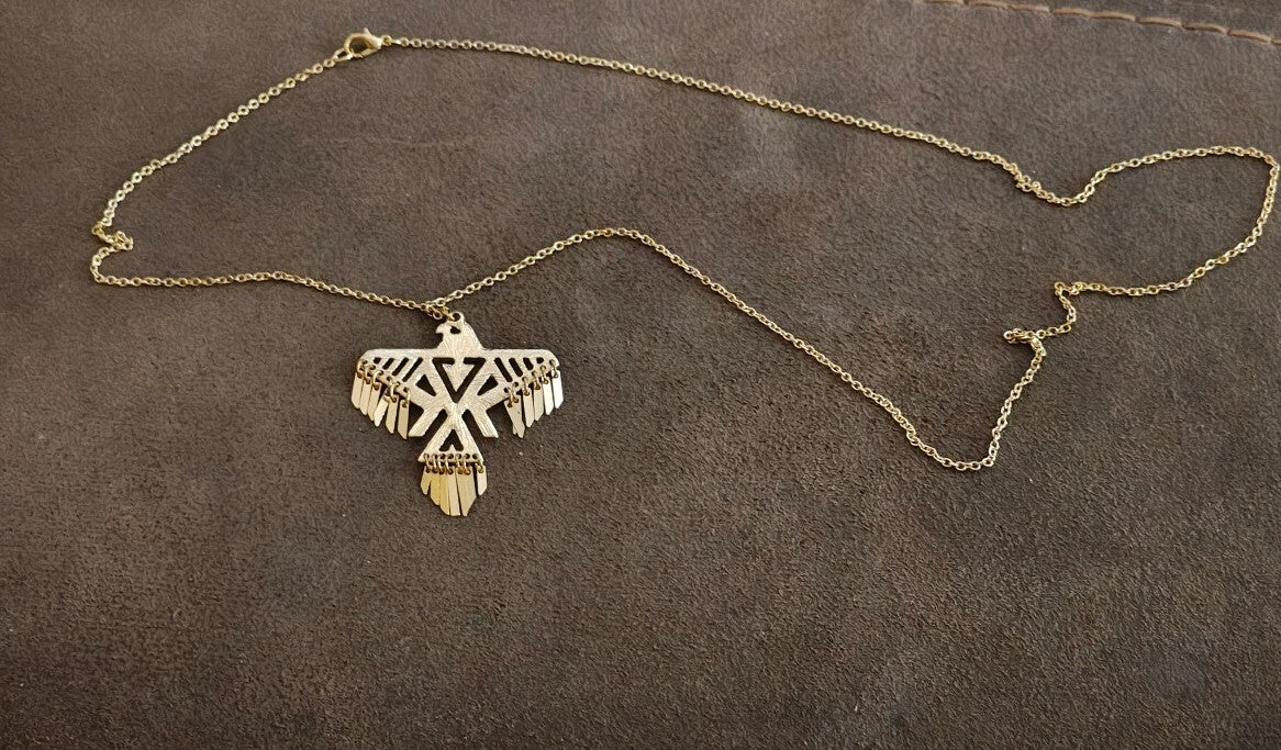 1980s Native American Inspired Geometric Thunderbird Gold Tone Pendant Necklace