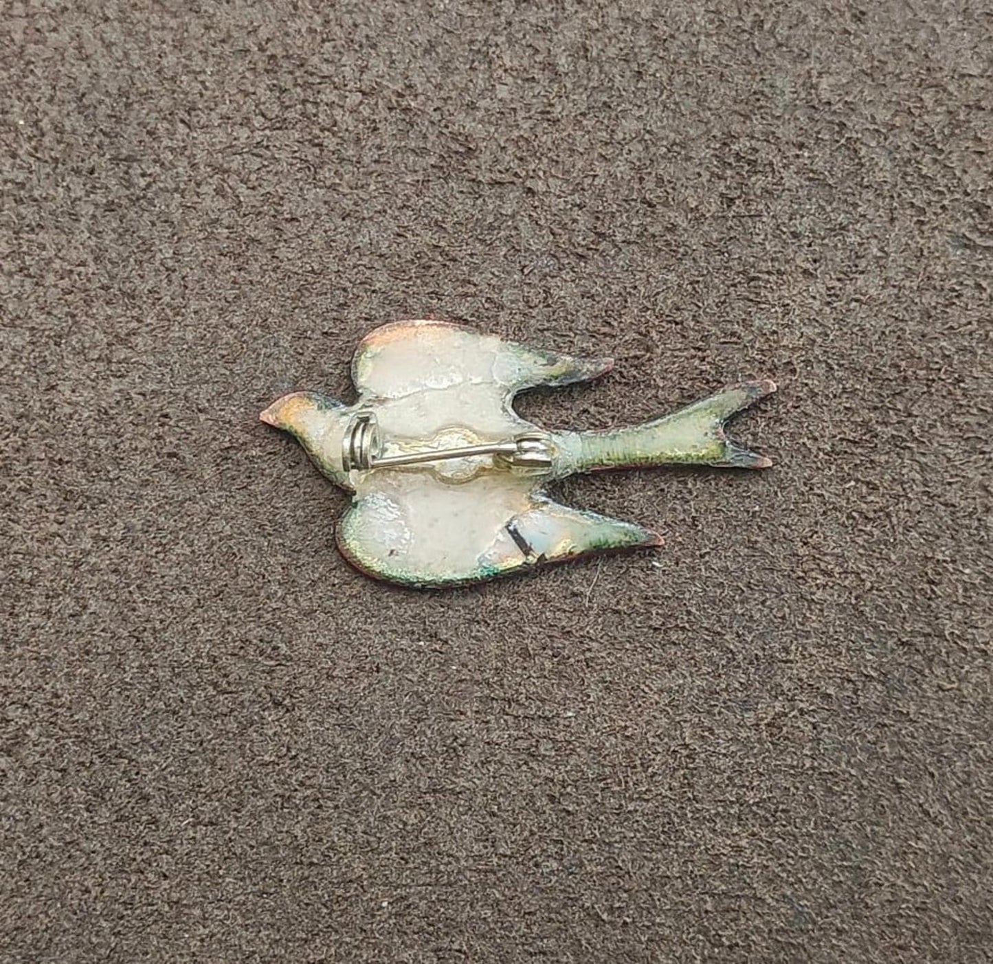 1970s Blue and White Enamel on Copper Decorative Bird Brooch