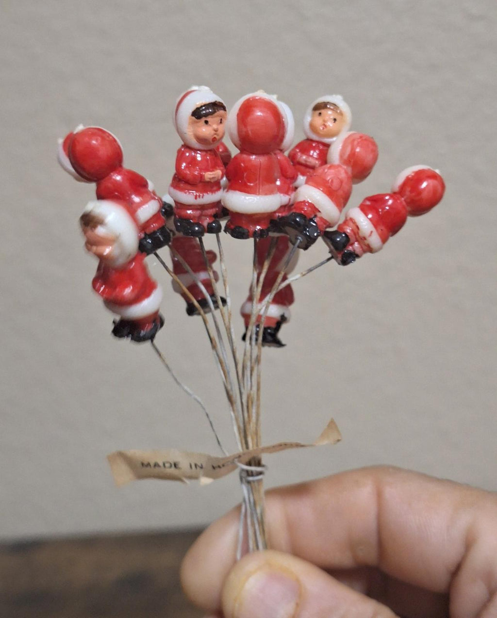 1950s/60s Set Of 12 Hand Painted Hard Plastic Mini Eskimos on a Wire