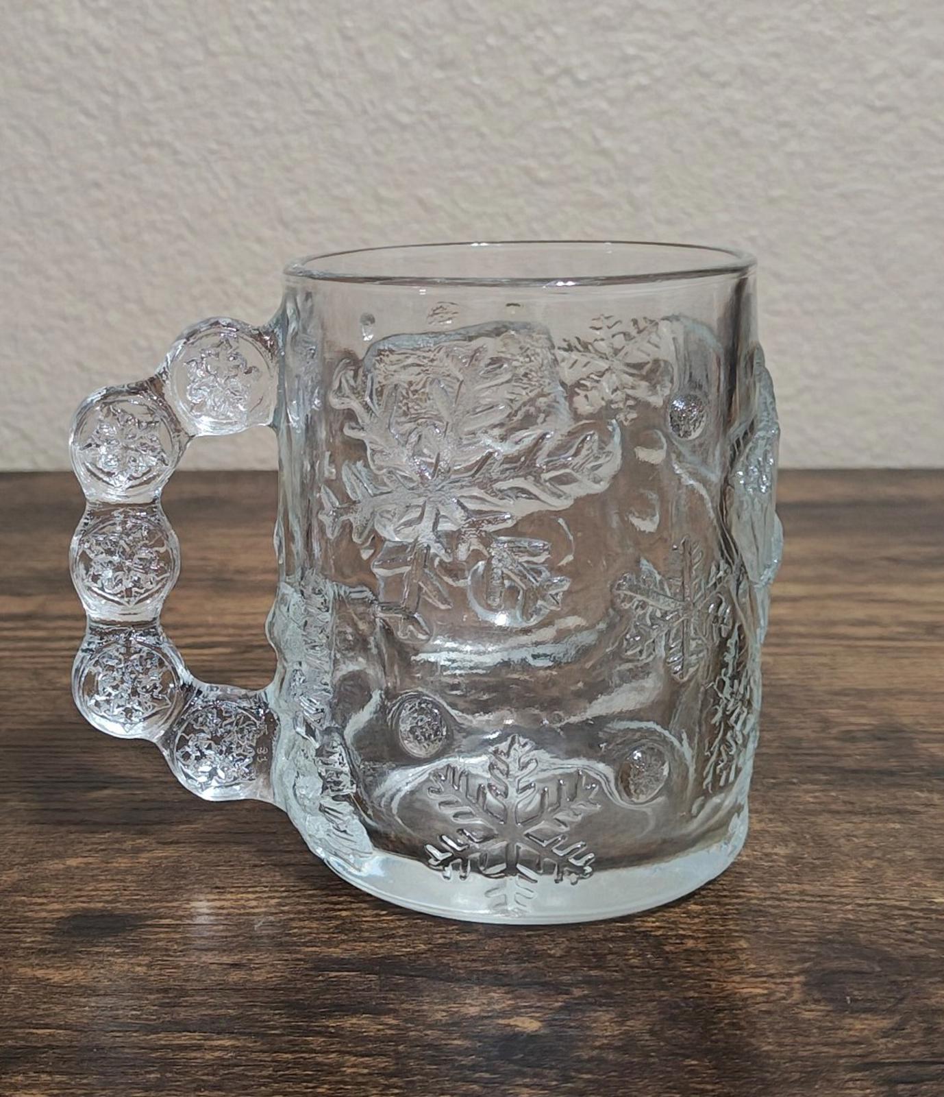 1980s Luminarc Snowman With Snowflakes 3D Embossed Clear Glass Mug